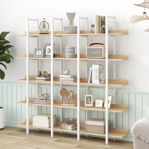 Five Tier Industrial Bookcase With White Metal Frame And Oak Shelves, Space Saving MDF Display Shelf for home decor