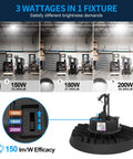 Tunable 150W 180W 200W UFO LED High Bay Light With 30,000 Lumens, 3 Color Switchable, showcasing warehouse lighting settings