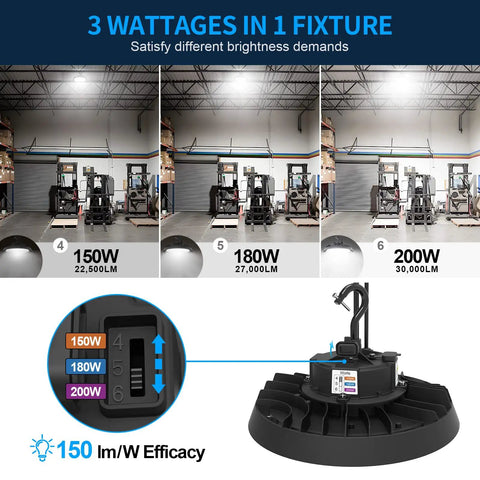 Tunable 150W 180W 200W UFO LED High Bay Light With 30,000 Lumens, 3 Color Switchable, showcasing warehouse lighting settings
