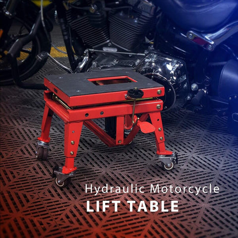 Heavy Duty Hydraulic Motorcycle Lift Jack 350 Lb Capacity, Foot Operated Scissor Stand Table for ATVs and Dirt Bikes, Rugged Red