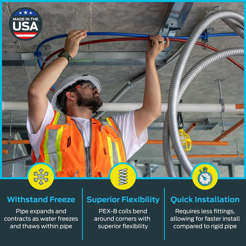 Worker installing Blue Three Quarter Inch PEX-B Water Tubing 300 Foot Coil for Hot and Cold Plumbing Flexible Pipe in ceiling