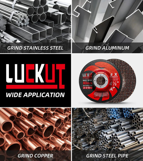 Image showing Luckut brand grinding wheels for angle grinders. Suitable for grinding stainless steel, aluminum, copper, and steel pipe.
