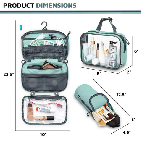 All In One Travel Toiletry Kit Three Piece Set With Hanging Toiletry Bag TSA 311 Liquid Bag And Accessory Organizer Pouch in dusty teal.