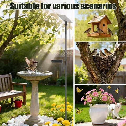 Heavy Duty Ground Stake Mount Bracket For Outdoor Security Cameras And Solar Panels shown in a vibrant garden setting.