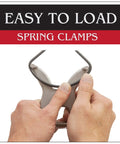 Hands holding easy-load spring tensioned pliers from Spring Miter Clamp Set With 24 Assorted Size Clamps for woodworking.