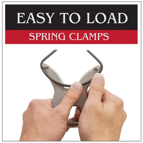 Hands holding easy-load spring tensioned pliers from Spring Miter Clamp Set With 24 Assorted Size Clamps for woodworking.