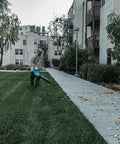 Person using Top Shelf Brushless Cordless Leaf Blower featuring smooth trigger cruise control on grass near pathway.
