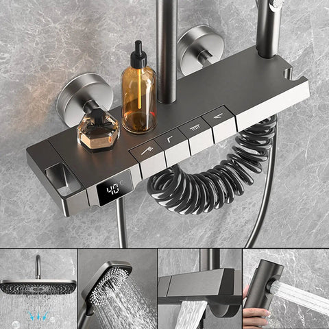 CUTPOIY Thermostatic Shower System, 4 Functions Shower Faucet Set with digital display, shower controls, and hose.
