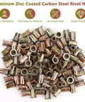 Pile of zinc plated carbon steel rivet nuts, labeled as anti-oxidation and durable, for automotive and DIY projects.
