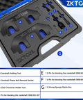 Seven Piece Go-To Camshaft Holding Timing Tool Kit For Ford 3.5L And 3.7L 4V Engines in foam box with labeled components.