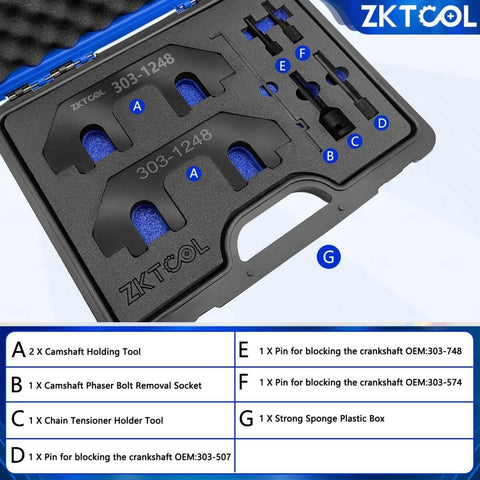 Seven Piece Go-To Camshaft Holding Timing Tool Kit For Ford 3.5L And 3.7L 4V Engines in foam box with labeled components.