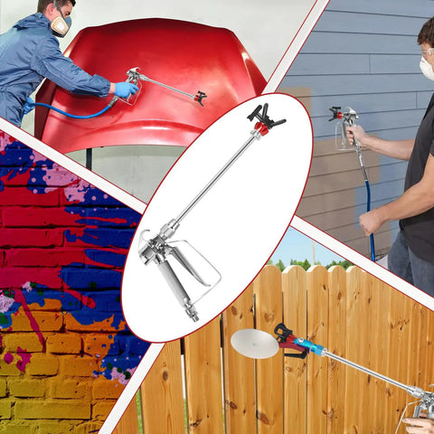 Heavy Duty Airless Paint Sprayer Gun Kit With 3600 PSI And A 50 Foot High Pressure Hose in use on various surfaces.