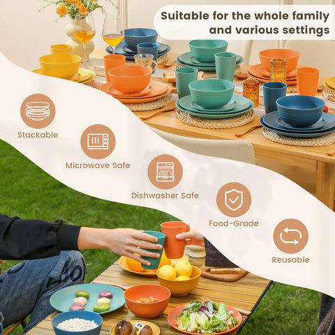 40 Piece Wheat Straw Dinnerware Set For 8 Unbreakable Plates And Bowls on picnic table with stackable cups and bowls
