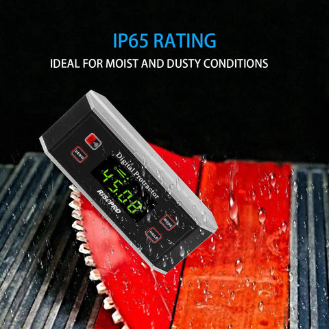 3 In 1 Digital Inclinometer Protractor And Level With Magnetic V Groove Backlit Display on wet saw blade, IP65 rating