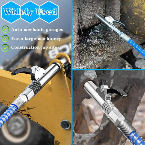 Heavy Duty Grease Gun Coupler Kit With Quick Lock Release, shown in use on a construction vehicle, highlighting durability.