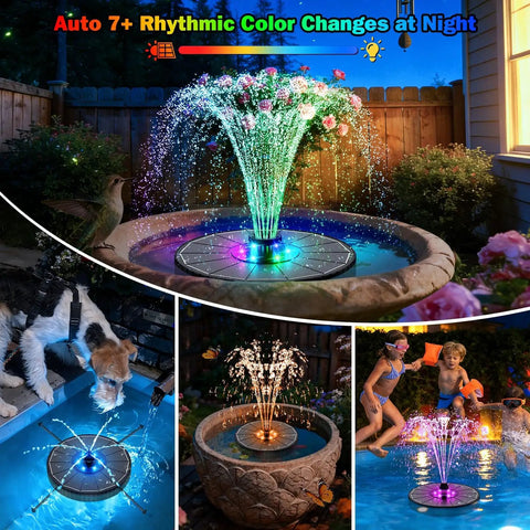 3.5W Glass Solar Fountain With Swivel Out Rods LED Lights And 2000mAh Battery 7 Nozzles Outdoor Solar Water Pump