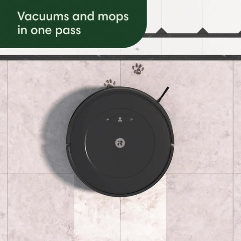 Top view of a Robot Vacuum And Mop Combo With Powerful Suction And Smart Mapping For Multi Surface Floors In One Pass Easy To Use Self Charging Bagless Space Saving Design Cleans In Neat Rows And Edges Great For Pet Hair And Daily Messes on tile floor