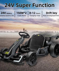 24V Electric Go Kart For Kids With 300W Motor, Drift And Sport Modes, Big Battery, EVA Tires, Adjustable Length, Safe Start And Seat Belt, Kid Friendly Fun For Outdoor Racing Pedal Kart Toy Grey displayed on pavement background