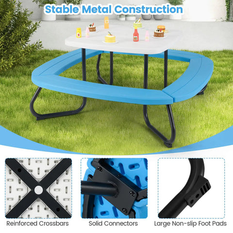 8 Seat Kids Picnic Table Set With Foldable Umbrella For Outdoor Backyard Fun featuring blue benches and white tabletop