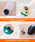 Circle Leather Punch Tool Set For DIY Crafts with Eight Hole Dies in sizes 20-55mm displayed in storage case and during use.