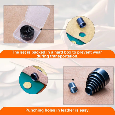 Circle Leather Punch Tool Set For DIY Crafts with Eight Hole Dies in sizes 20-55mm displayed in storage case and during use.