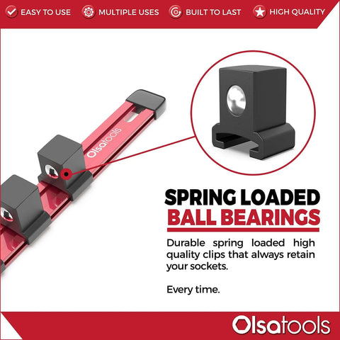 Three Quarters Inch Drive Socket Organizer Red Rail with spring-loaded ball bearing ABS clips for secure socket holding.