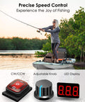 Woman fishing on boat using Waterproof PWM Controller For DC 12-48V 35A Motor Speed Controller with LED readout and knob.