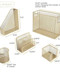 Gold Desk File Folder Organizer Set With Hanging File Holder Letter Size Tray Magazine File Organizer Pen Cup Sticky Note Holder And Sorter For A Tidy Desktop Office, showcasing detailed measurements of each component.
