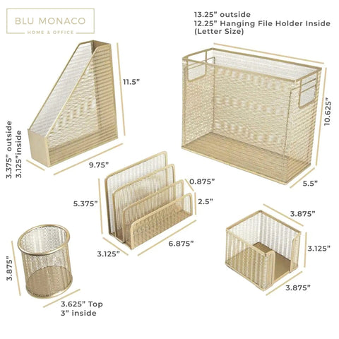 Gold Desk File Folder Organizer Set With Hanging File Holder Letter Size Tray Magazine File Organizer Pen Cup Sticky Note Holder And Sorter For A Tidy Desktop Office, showcasing detailed measurements of each component.