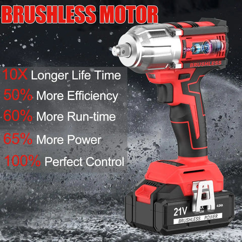 Beast 21V Cordless Impact Wrench with Brushless Motor Half Inch Drive shown with 10X longer life highlights and features