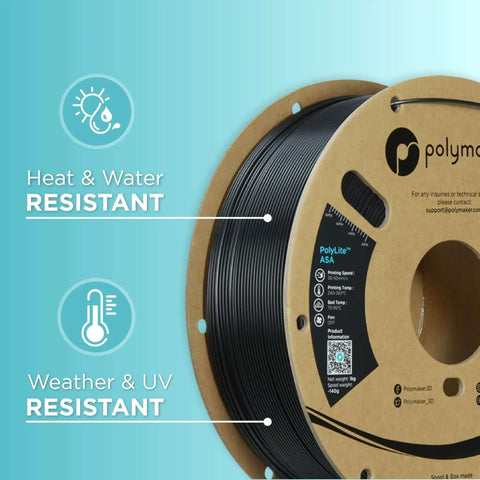 ASA 3D Printing Filament 1.75mm Black 1kg Dope Weather Resistant And UV Safe spool showing heat and UV resistance icons