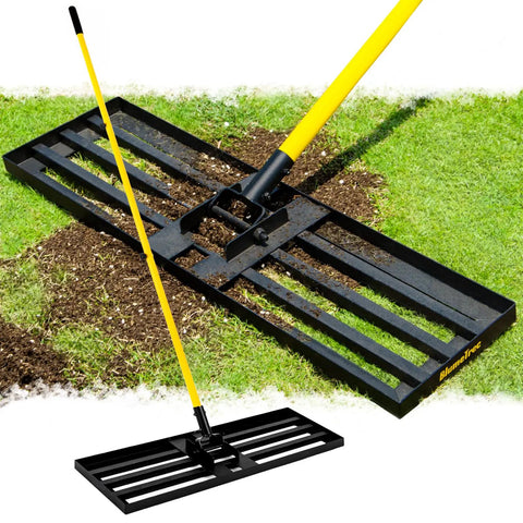 Heavy Duty Lawn Leveling Rake With Seven Foot Handle 30 Inch By 10 Inch Steel Golf Rake for soil sand in lawns and gardens.