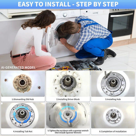 Beefy Washer Drive Hub Replacement W10324651 Ba With TB123A Spanner Wrench All Metal Drum Mounting Hub For Whirlpool WTW5000DW3 DW2 MVWX655DW1 And Other Compatible Models, step-by-step installation