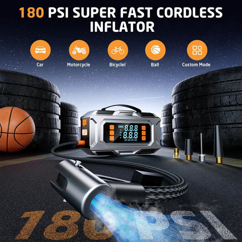Badass 8000A Jump Starter With Portable Car Battery Rescue And 180 PSI Auto Shutoff Tire Inflator beside tires and basketball.