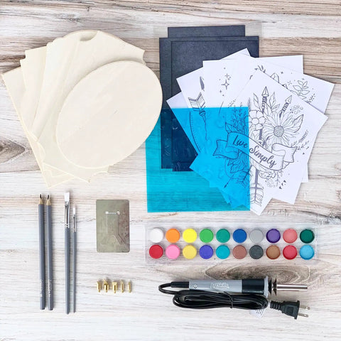 Starter Wood Burning Kit With Burner Pen, 5 Interchangeable Tips, 48-Piece Deluxe Pyrography Set, Stencils, and Watercolor Paints