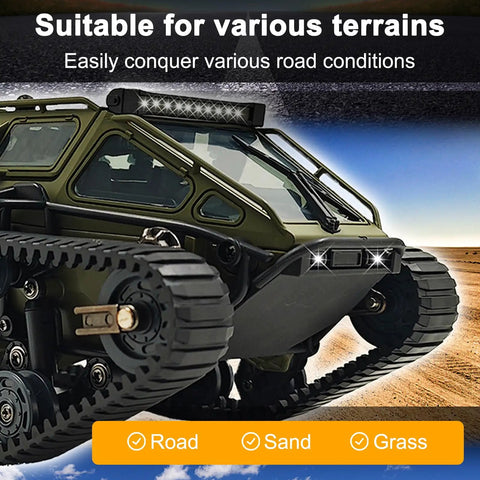 All Terrain 1 To 16 Scale Remote Control Tank Crawler with headlights on desert terrain