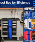 Ultimate 9 Piece Welding Rod Storage Set With 8 Slot Holder And Eight 40 Inch Tungsten Electrode Tubes For Sleek Wall Mount Organization Of All Your TIG Filler Rods And Fabrication Gear In Cool Blue mounted on a tool cart.