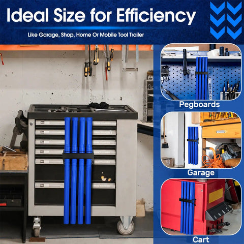 Ultimate 9 Piece Welding Rod Storage Set With 8 Slot Holder And Eight 40 Inch Tungsten Electrode Tubes For Sleek Wall Mount Organization Of All Your TIG Filler Rods And Fabrication Gear In Cool Blue mounted on a tool cart.