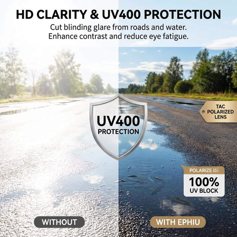 Comparison of road glare with and without Square Polarized Sunglasses For Women And Men With Mirror Lenses No Bounce No Slip Lock It In