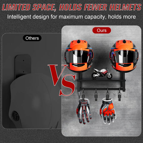 Comparison of Badass Solid Wood Motorcycle Helmet Holder Wall Mounted with two helmets and glove clips, illustrating space efficiency.