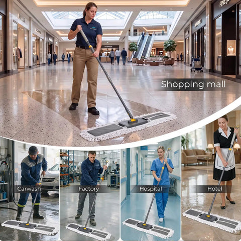 Heavy Duty 36 Inch Commercial Flat Mop With Extra Long Aluminum Pole For Garages And Shops Rock Solid 360 Swivel Head used in shopping mall.