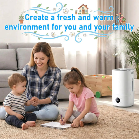 Mother and children sitting on carpet with humidifier creating a warm indoor environment