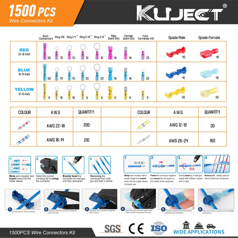Kuject Ultimate Heat Shrink Wire Connectors kit, 1500 pcs, waterproof insulated crimp and spade connectors