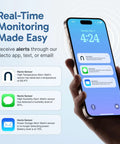 Hand holding smartphone displaying Cellular Temperature Monitor With 4G LTE And Humidity Sensor Remote Power Failure Alarm alerts.