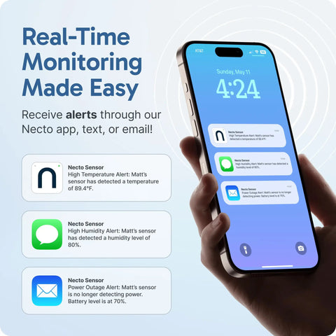 Hand holding smartphone displaying Cellular Temperature Monitor With 4G LTE And Humidity Sensor Remote Power Failure Alarm alerts.