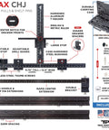 Cabinet Hardware Jig For Long Pulls And Shelf Pin Holes Install 32mm Holes On Shaker Doors And Recessed Fronts Made In USA Hand Calibrated By True Position Tools with components labeled and carrying case displayed.