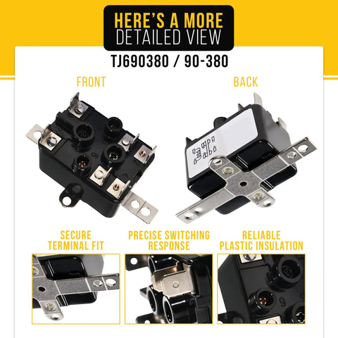Front and back view of TJ690380 90 380 Fan Relay for White Rodgers HVAC Systems 24 VAC, showcasing secure terminal fit.