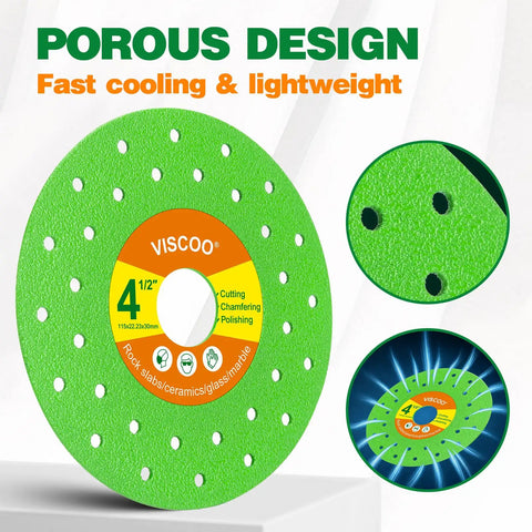 4.5 Inch Tile Cutter Diamond Blades For Angle Grinder Pack Of 4 With Premium Diamond Grit And Reinforced Steel Base Delivers All Day Sharpness, Low Friction, Chips Free Cuts On Ceramic Porcelain And Stone Tiles. 4.5-inch porous diamond blade, green, cooling holes