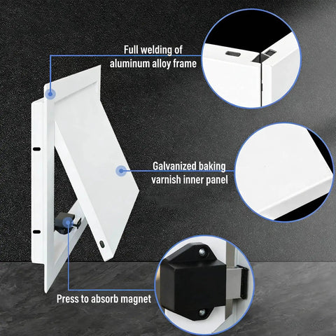 Built Tough Aluminum Access Door For Drywall Panels With Snag Free Flush Mount And Heavy Duty Galvanized Core designed to hide utility access, features magnetic latch and sturdy frame.