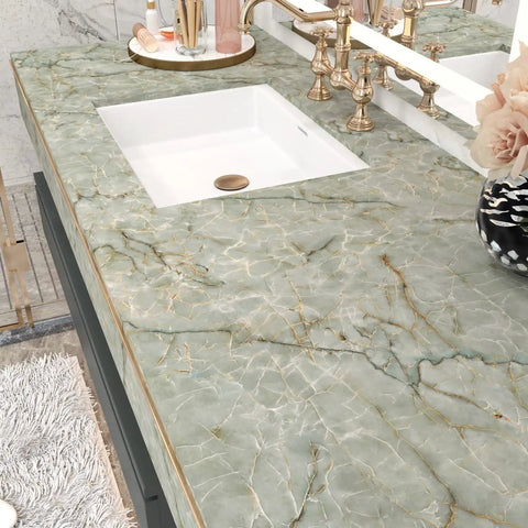 Green Marble Peel And Stick Contact Paper For Countertops And Backsplash Waterproof Vinyl Wallpaper For Kitchen Cabinets And Table Tops Cyan Marble Look 15.8 X 78.7 Inches No Mess Easy Install on bathroom vanity countertop.